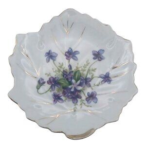 Vintage Violets Leaf Shaped Porcelain Bon Bon Petits Fours Plate Trinket Dish